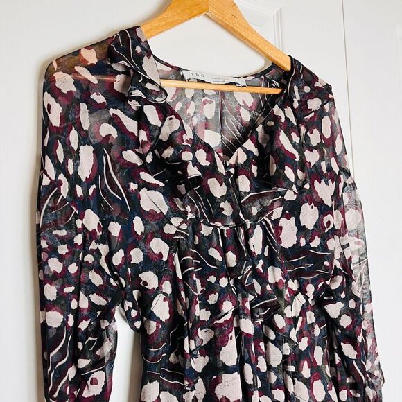 IRO Paris Realize Blouse Abstract Pattern V-Neck Ruffle Sheer 36/US 4 Black Wine - Picture 4 of 10